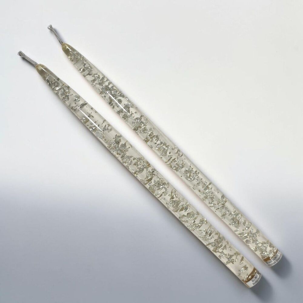 2 Vintage 12" Lucite Clear Silver Flake Taper Candles Hempstead Creations MCM
